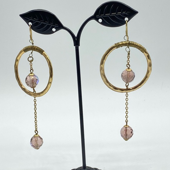 Hammered Gold Tone Hoop Earrings AB Pink Crystal Drop Bohemian Chic Boho Dangle - Picture 7 of 7